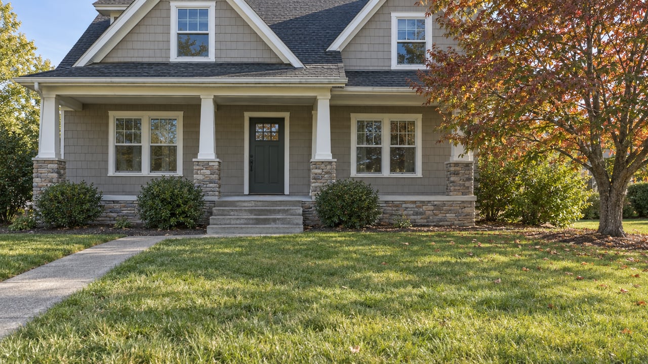 A taupe shingle-sided home with a stone-based covered porch, broad front lawn and a flowering dogwood showing early autumn color.
