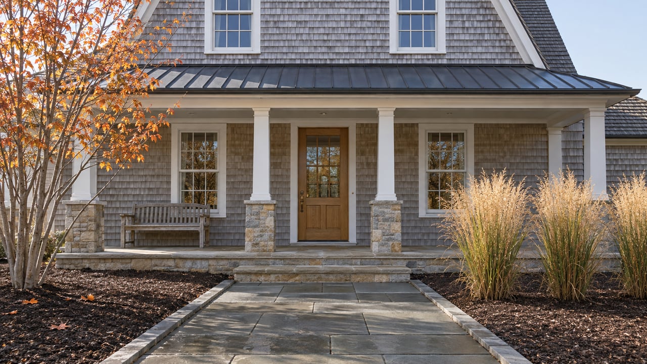 Silvered cedar-shingled home with a stone approach, covered porch and copper-colored autumn serviceberry.