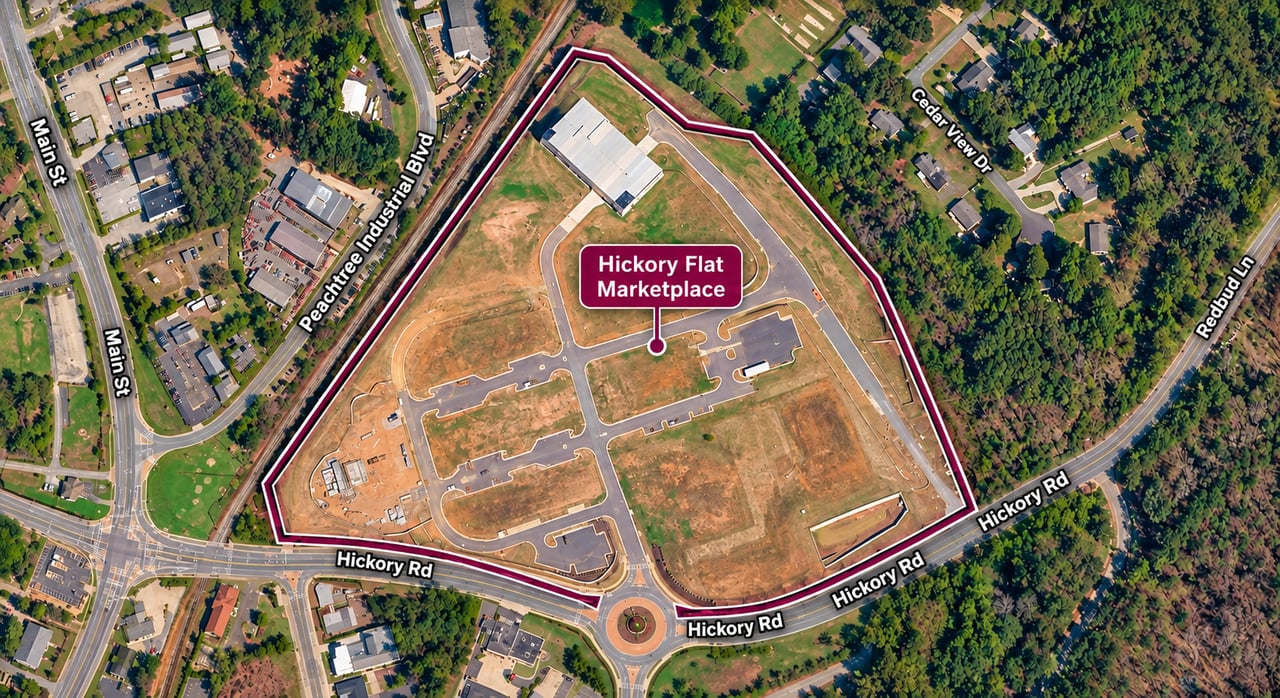 Aerial map outlining the Hickory Flat Marketplace site beside Hickory Road.