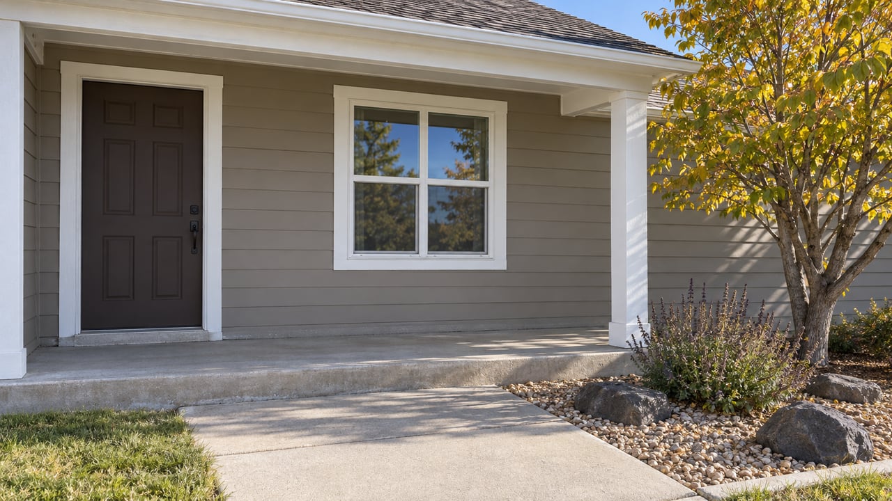 Close view of a greige-sided home's white-trimmed entry, concrete porch and gravel planting bed in clear autumn sunlight.