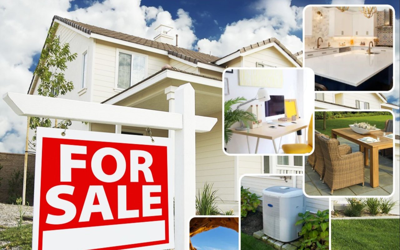Two-story home with a red FOR SALE sign and inset views of interior and outdoor features.