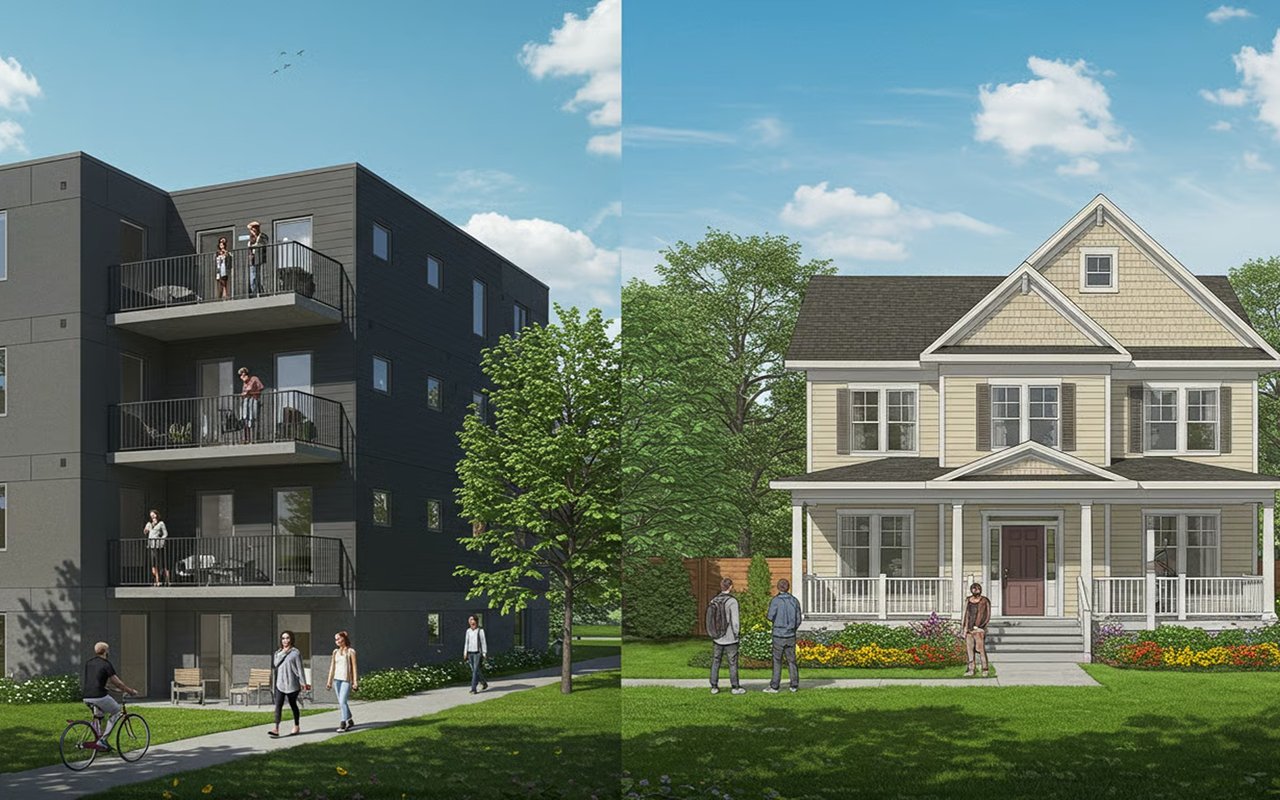 Apartment building and detached house shown side by side with balconies, a front porch, and landscaped lawns.