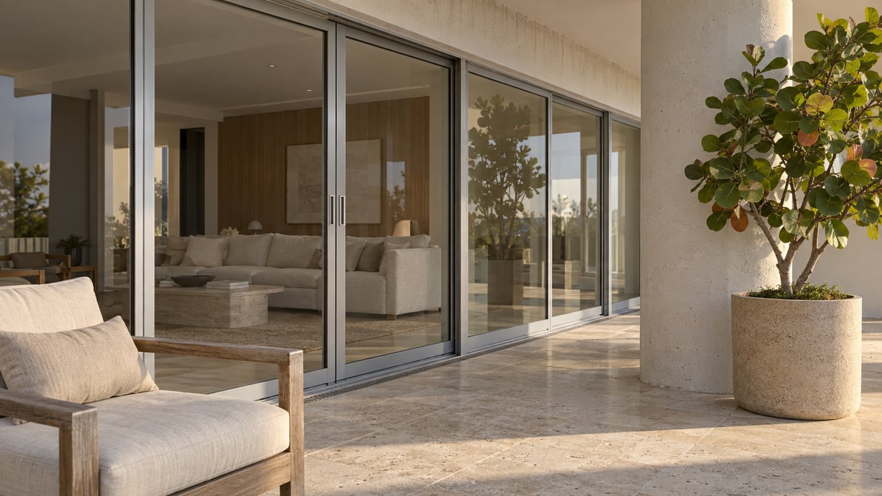 Furnished modern home opening onto a stone patio with a potted tree.