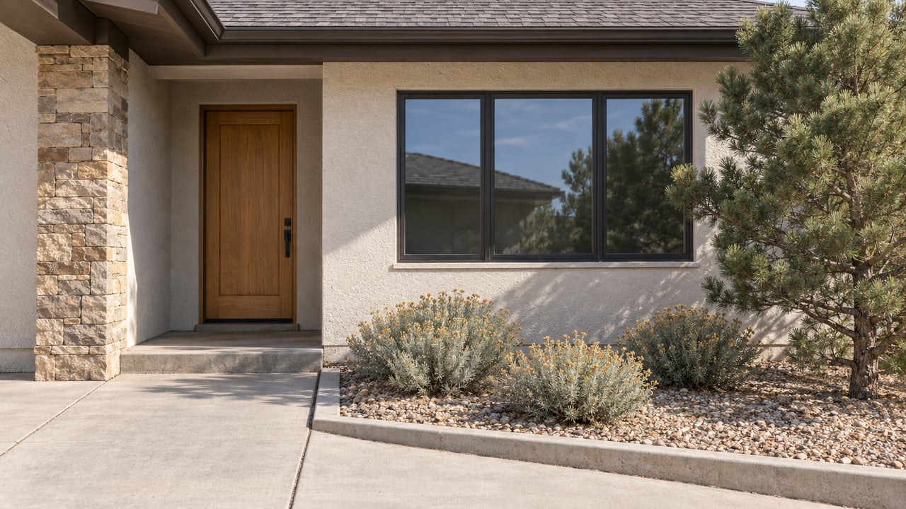 Sunlit single-story home entry with white stucco, buff stone, a wood door, dark-framed window, and a gravel bed planted with a pinyon pine and rabbitbrush.
