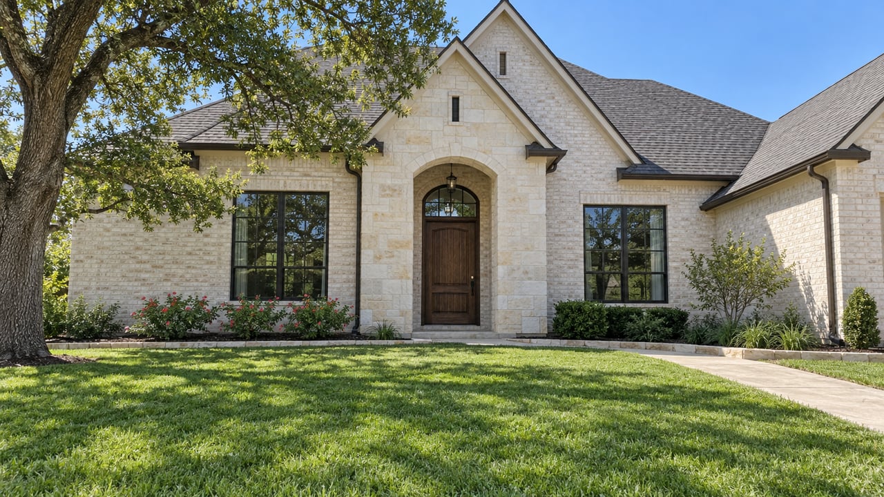 Pale brick home with a limestone entry, black-framed windows, and a deep green lawn beneath a mature oak.