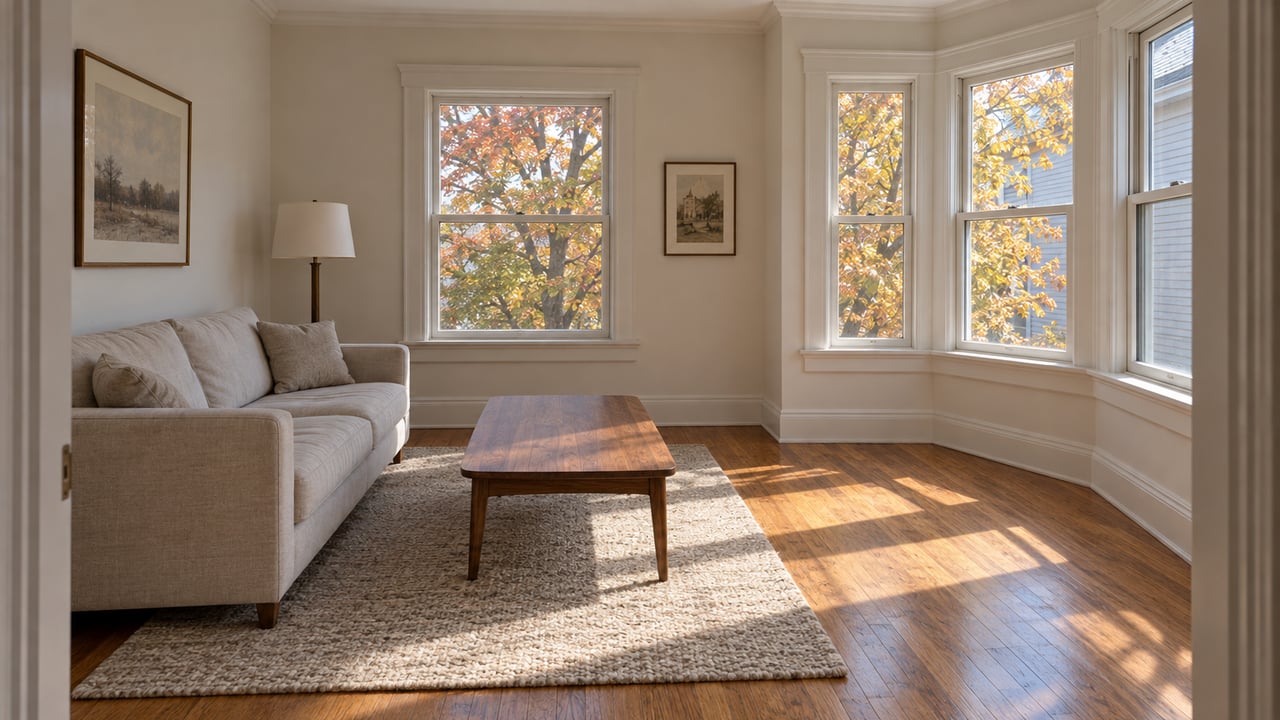 Sunlit condo living room with oak floors, a linen sofa and enclosed bay windows overlooking copper-colored maple leaves.