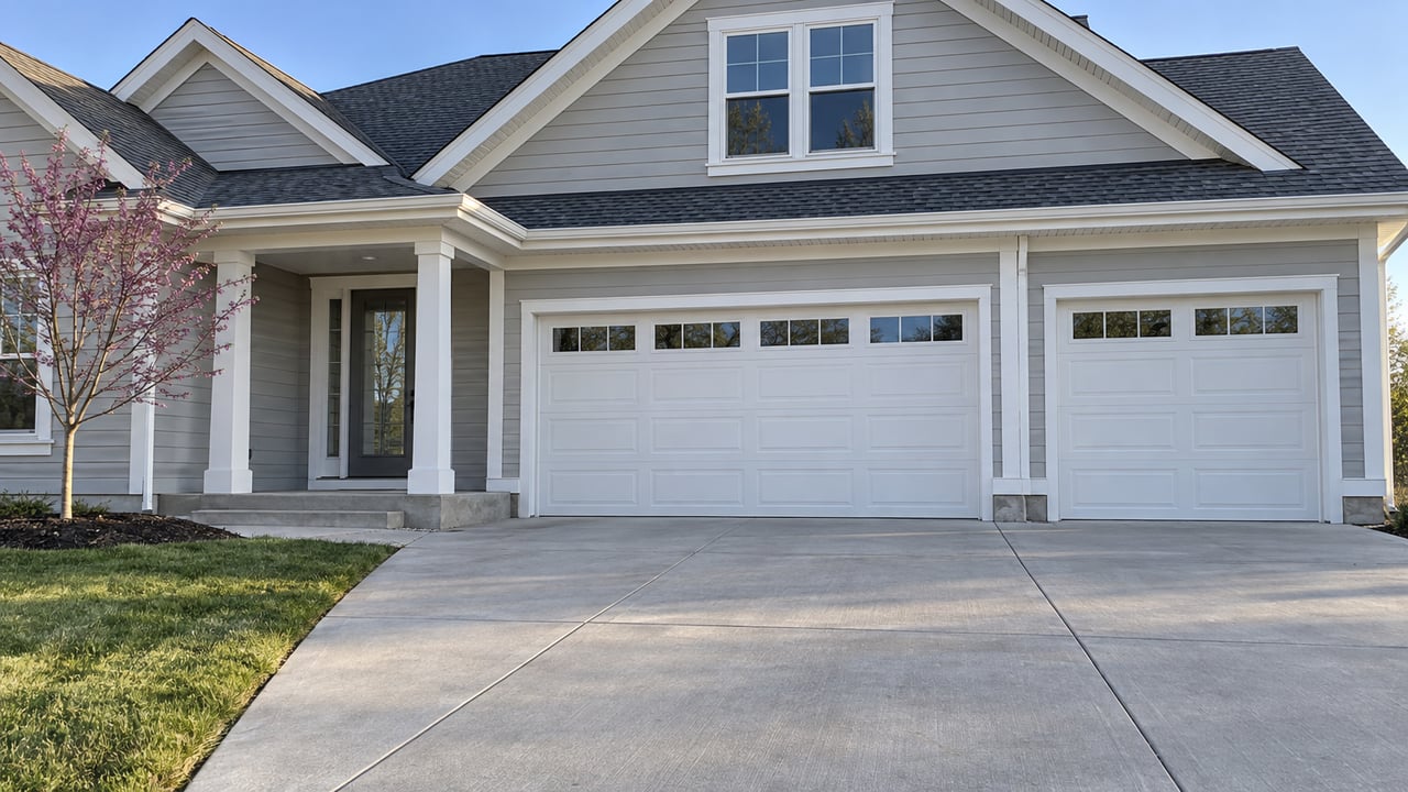 Light-gray gabled house with a three-car garage, recessed front porch and broad concrete driveway in morning sunlight.