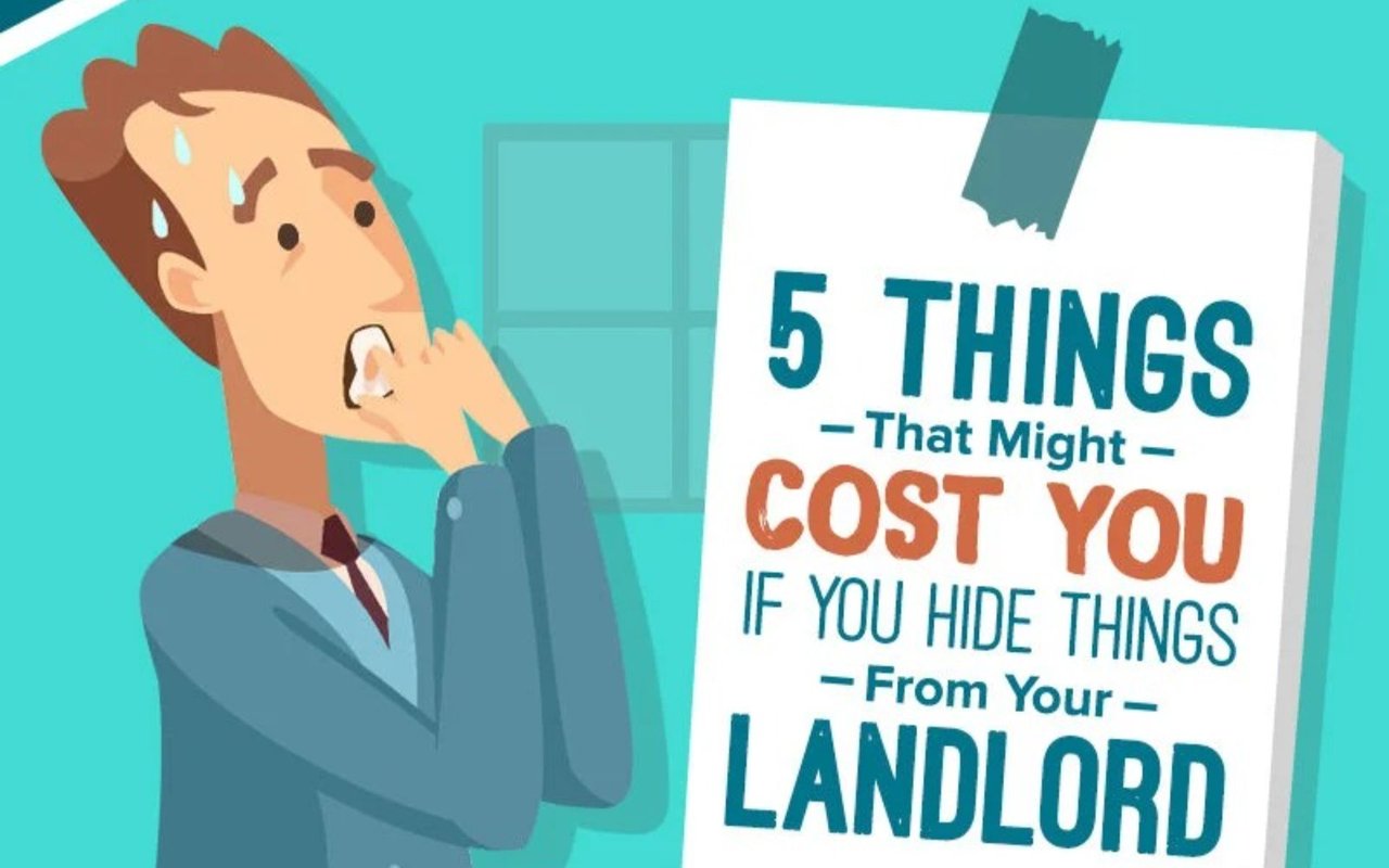 Worried man bites his fingernail beside a sign reading “5 Things That Might Cost You If You Hide Things From Your Landlord.”