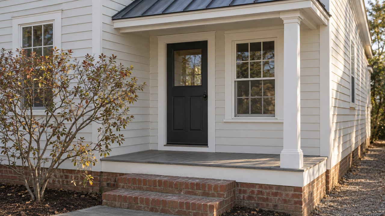 Coastal cottage with a charcoal door, brick steps, and a lightly thinning beach plum.