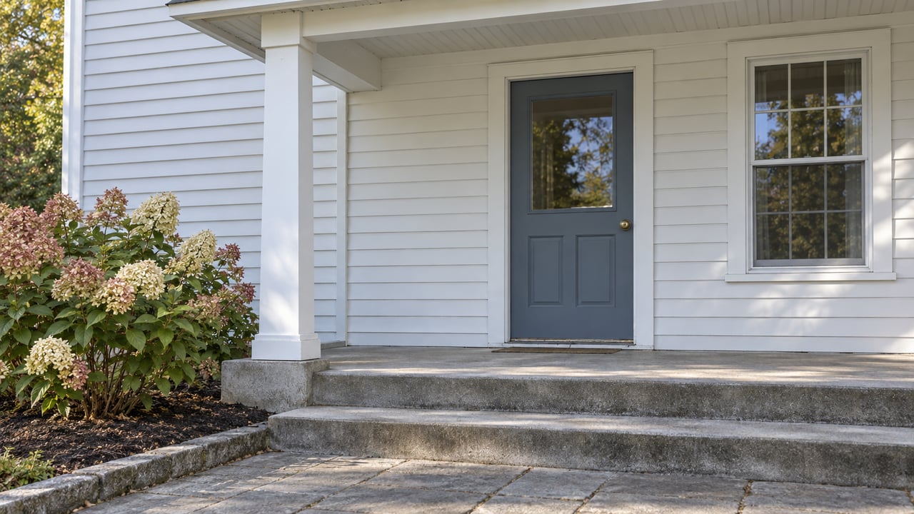 White clapboard home entry with a blue-gray door, concrete porch steps, stone approach and autumn hydrangeas.
