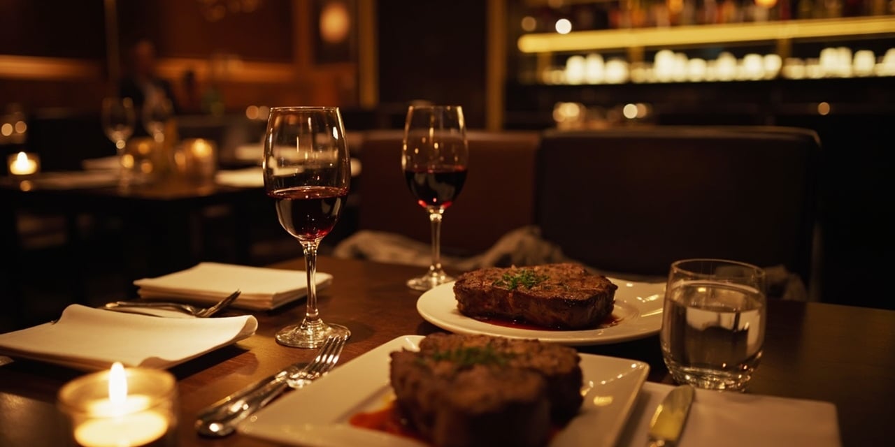 Two steaks on a candlelit restaurant table with red wine and place settings.