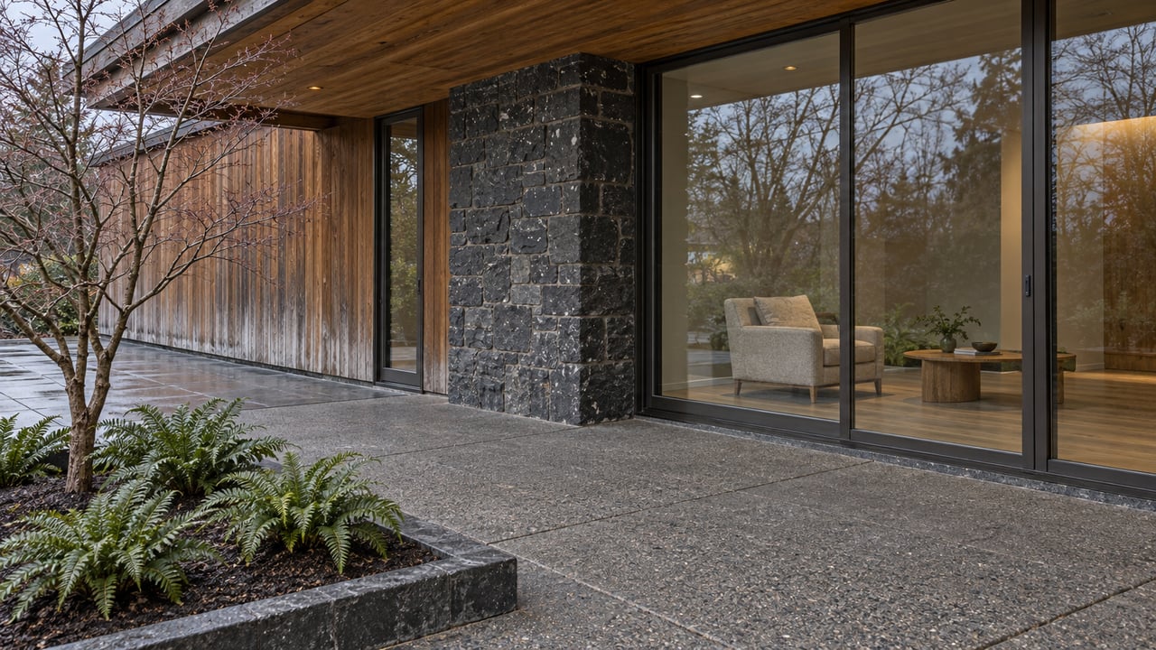 Winter light on a covered timber terrace with cedar siding, basalt masonry, bronze-framed windows and sword ferns.