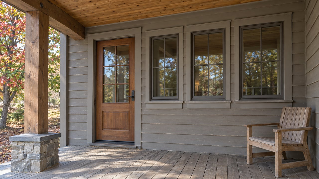 Covered front porch with a wooden entry door, three windows, and a chair beside autumn foliage.