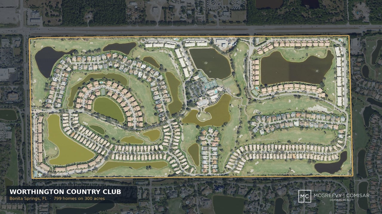 Aerial view of Worthington Country Club, with homes, golf course fairways, ponds, and the community outlined in yellow.