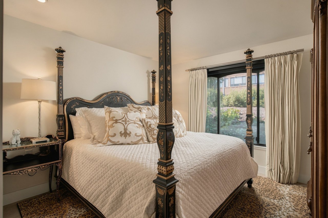 Primary bedroom in Rossmoor Walnut Creek condo with luxury furniture staging