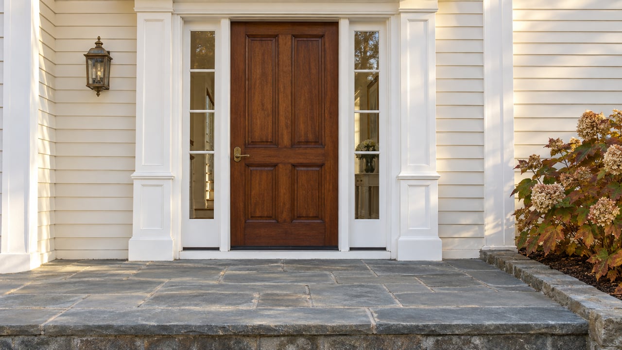 Mahogany front door with paired glass sidelights, white trim and a broad blue-gray stone landing beside an oakleaf hydrangea.
