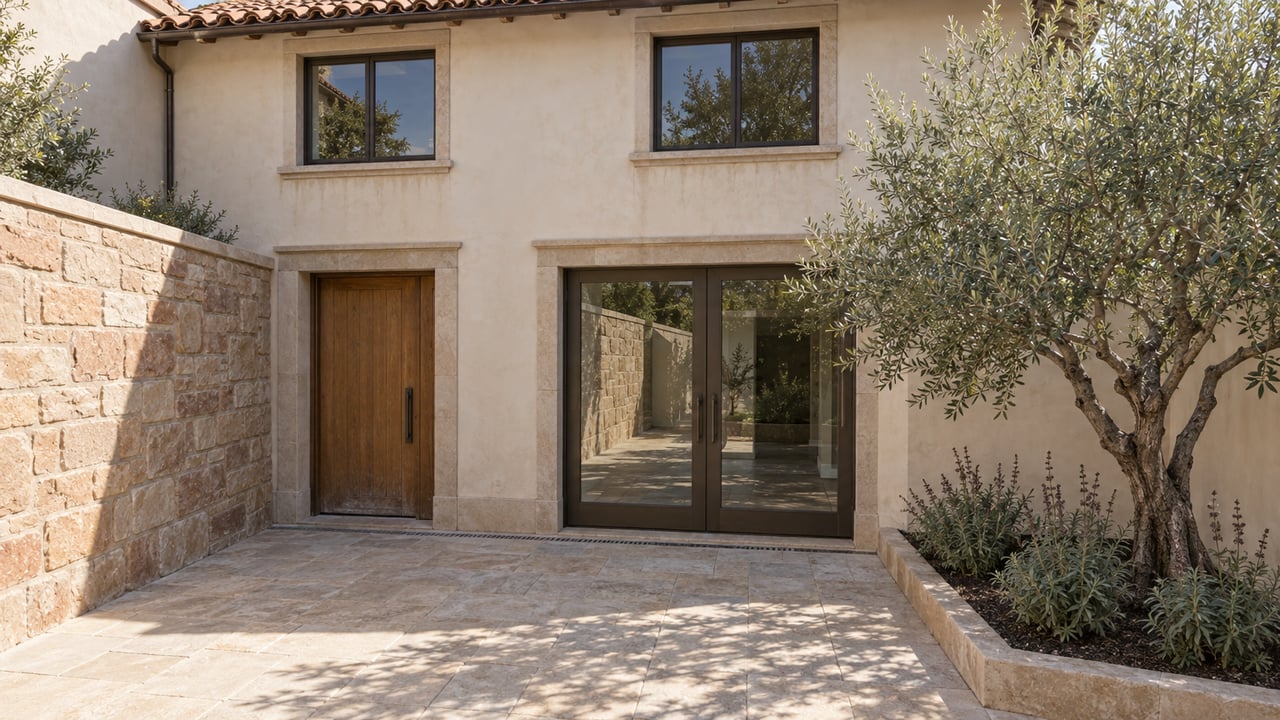 Sunlit stucco home with clay roof tiles, sandstone courtyard walls, bronze-framed doors and a mature olive tree.