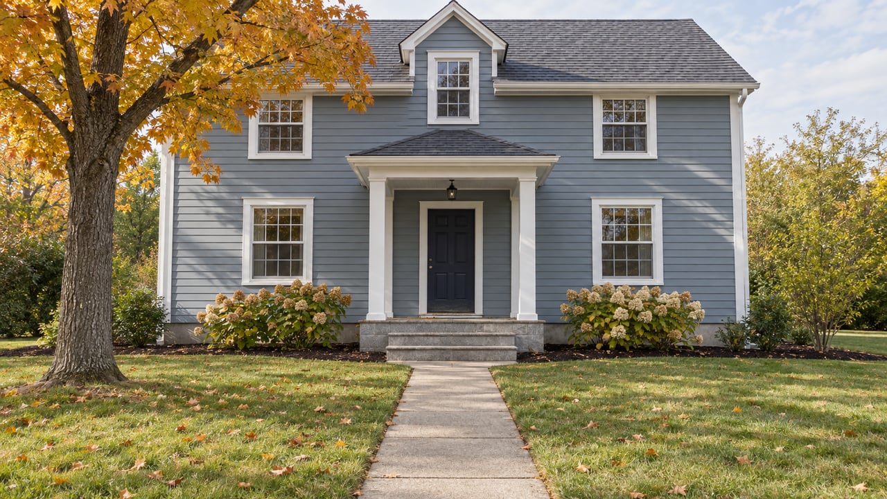 Blue-gray clapboard house behind a deep autumn lawn, with a granite-stepped porch and an amber sugar maple.