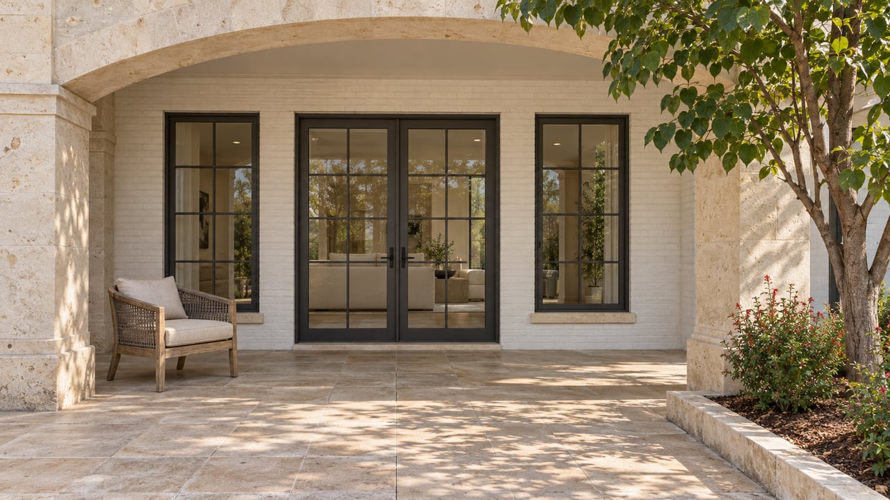 Limestone arch framing a sheltered terrace, paired glass doors, a teak chair, and a redbud beside a raised planting bed.