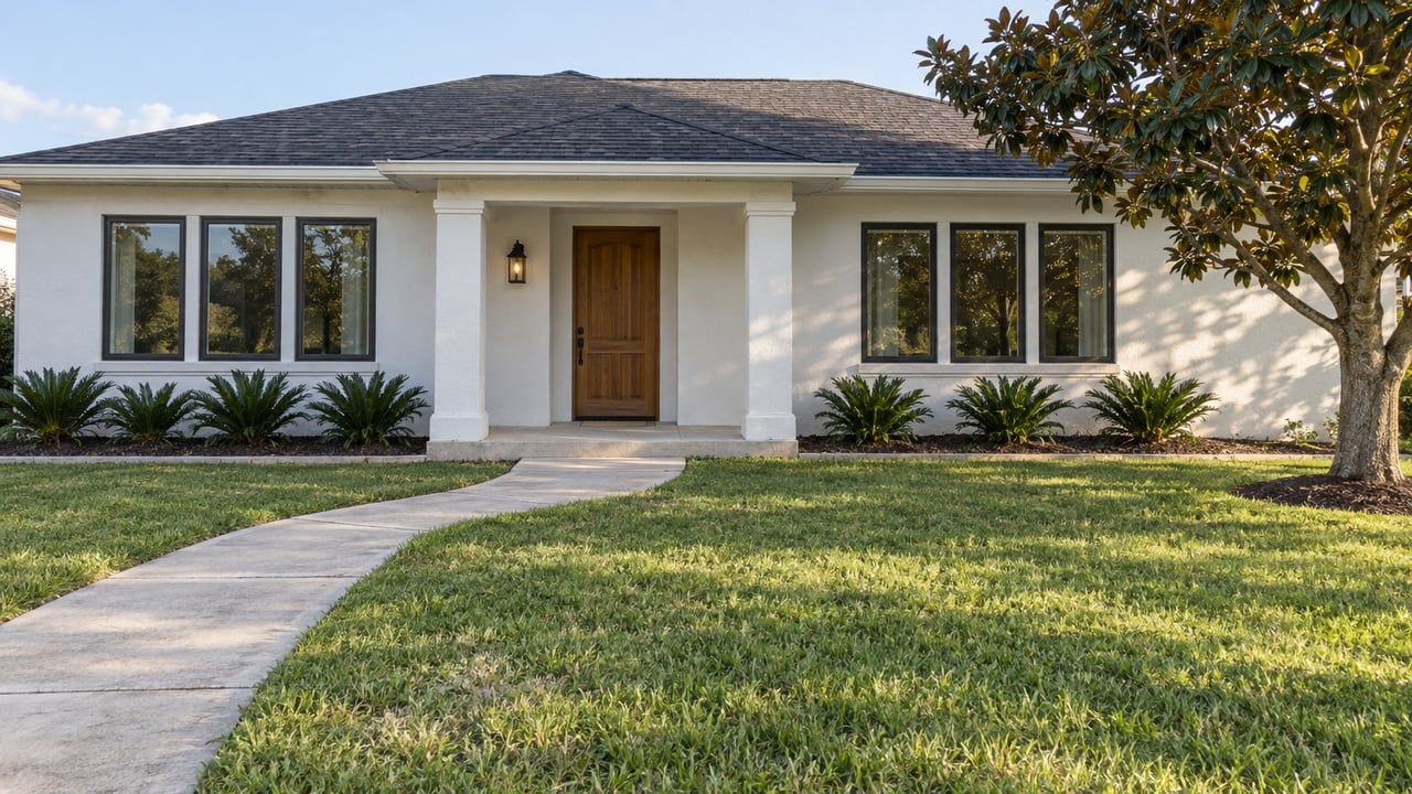 White stucco home with a shaded wood-door entry, broad lawn, curved concrete walk and a mature magnolia.