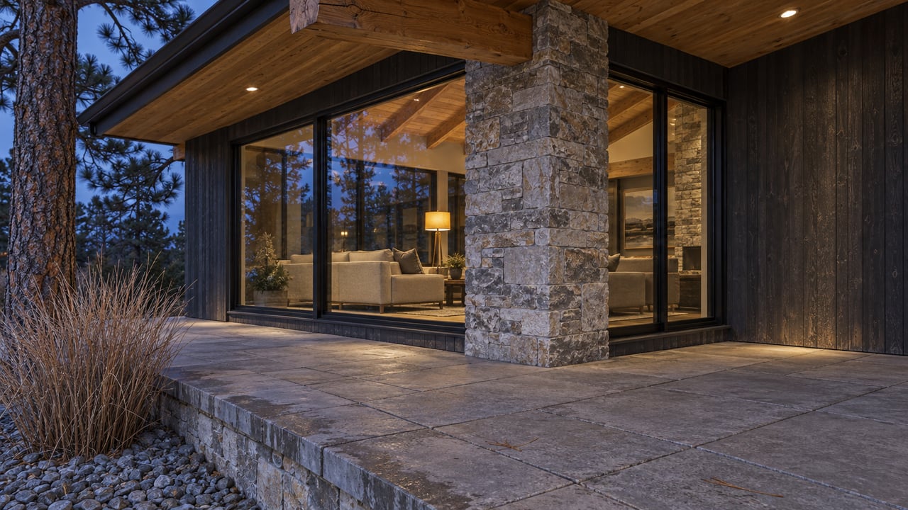 Warmly lit contemporary home with black-framed windows, limestone walls and timber roof above a paved terrace at blue hour.