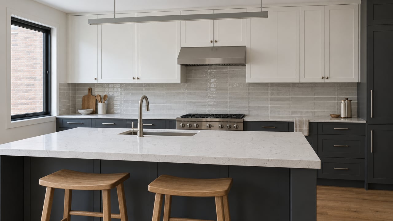 Renovated kitchen with charcoal cabinets, white uppers, a black-framed window, and an oak island with stools.