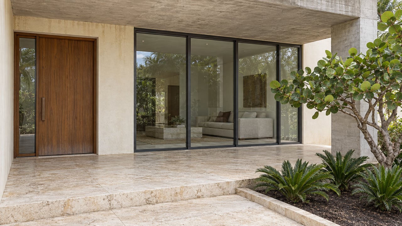 Sheltered contemporary home entry with teak door, large closed glass panels, pale stone terrace and sculptural sea grape planting.
