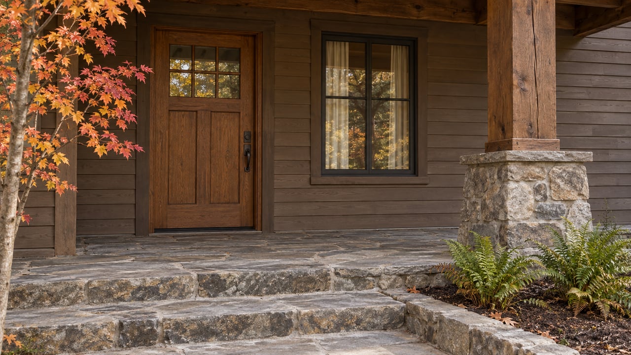 Timber-accented home entrance with a closed oak-and-glass door, fieldstone steps, autumn maple branches, and ferns in a stone-bordered planting bed.