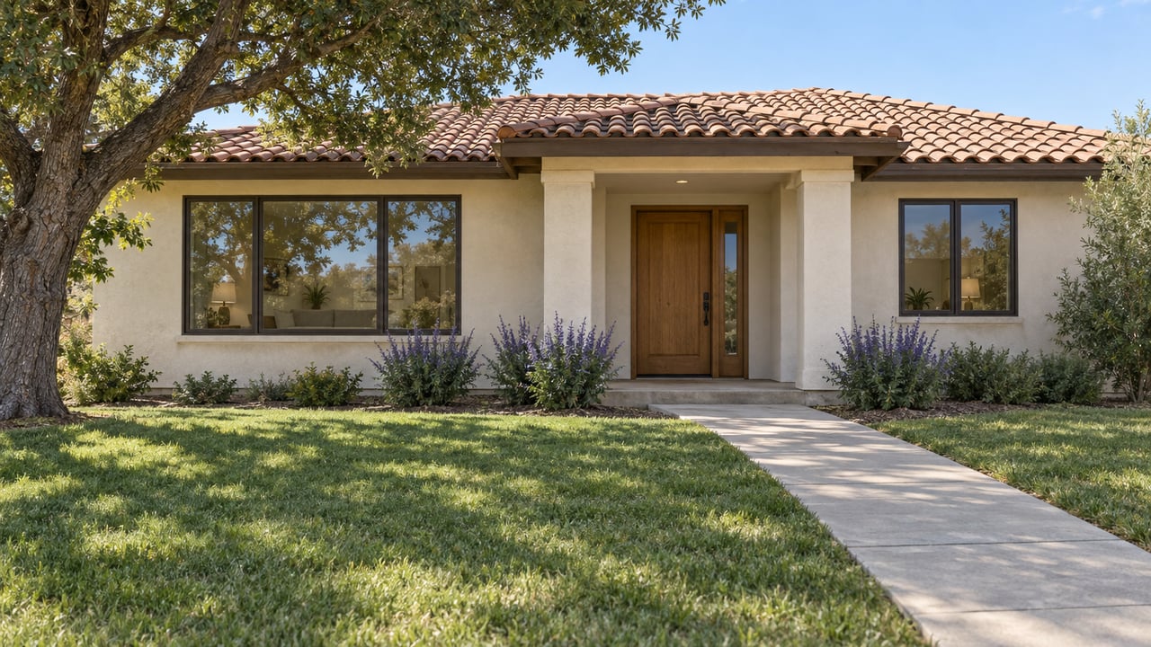 Single-story ivory stucco home with a clay-tile roof, recessed oak entry, deep front lawn and mature oak tree.