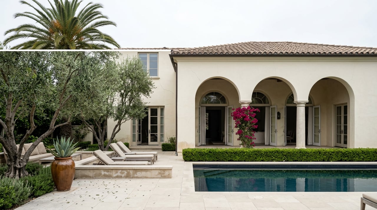 Pool terrace with a still rectangular pool, olive tree, and cream stucco home with arched loggia.