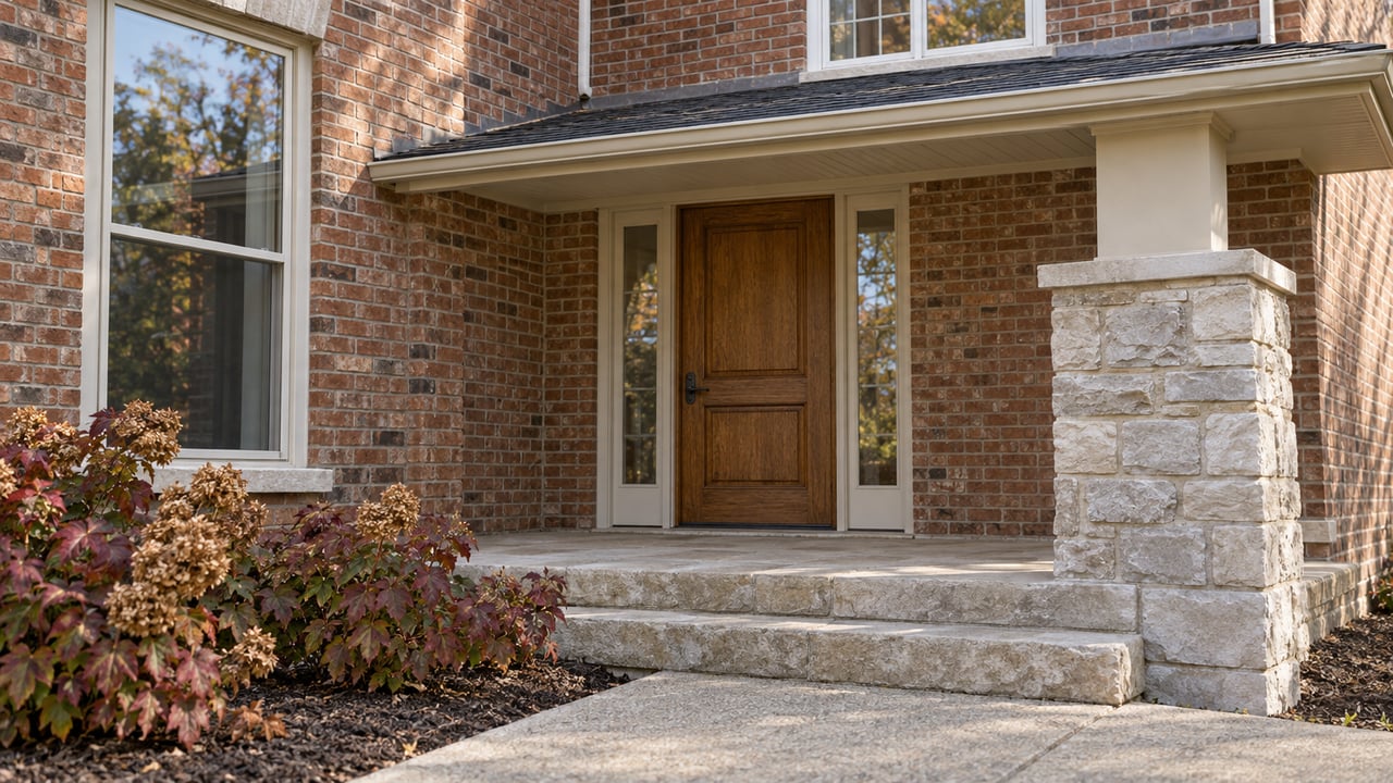 Brick home entry with an oak door, paired glazed sidelights, limestone steps and burgundy oakleaf hydrangeas.