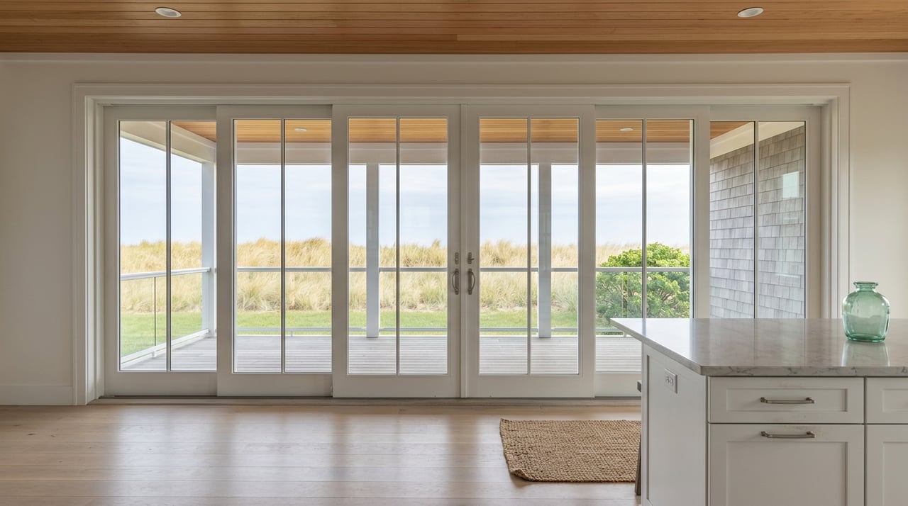 Great room with a quartz island, white-mullioned glass doors, covered porch, and tall beachgrass.