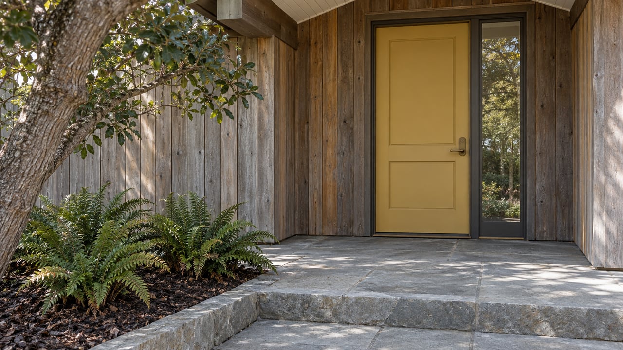 A mustard-yellow front door and bronze-framed sidelight beneath a white porch eave, with cedar siding, a sandstone landing, and ferns beside an oak.