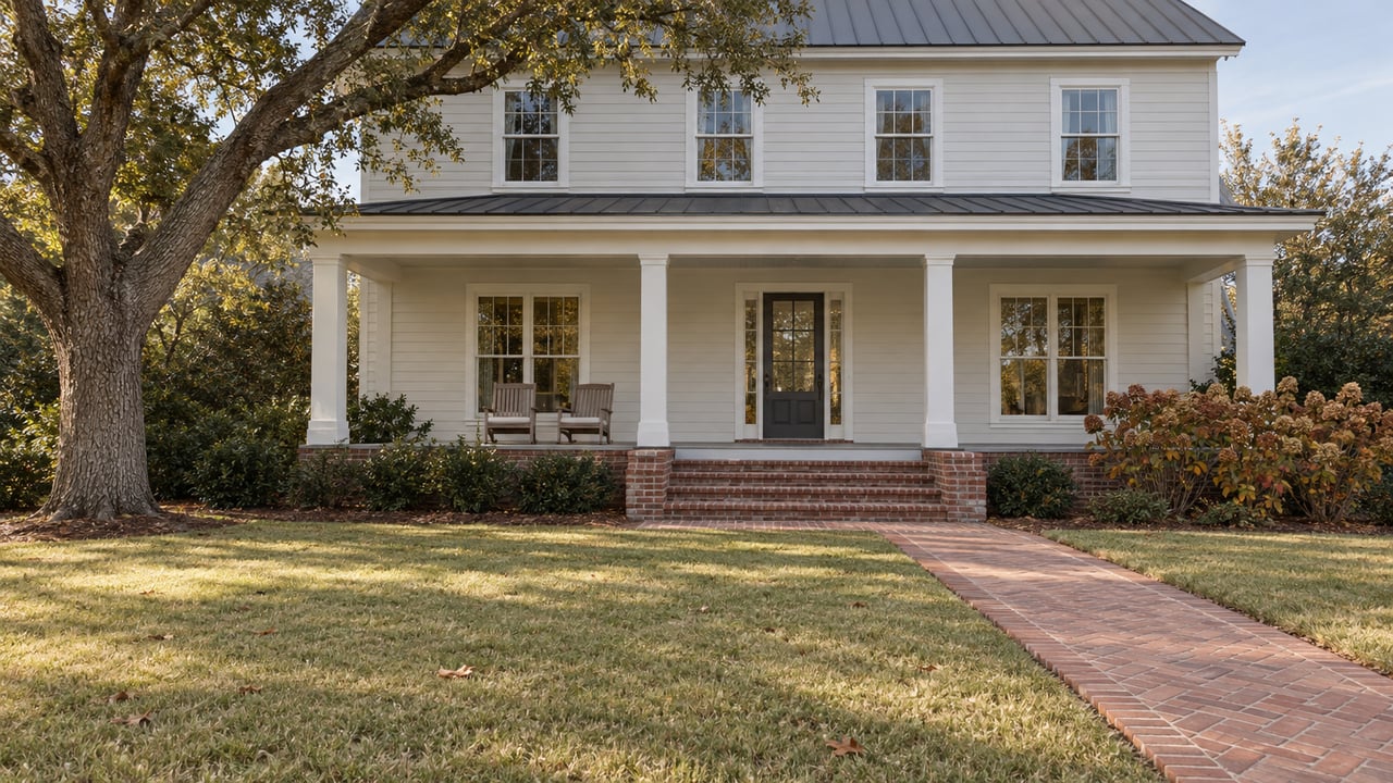 Light-sided home with a broad brick-based porch, a deep late-autumn lawn and a spreading live oak.