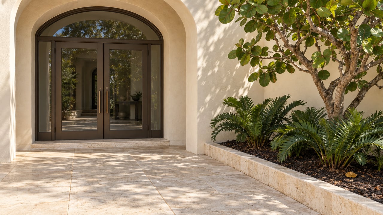 Arched home entrance with dark glass doors, pale stone paving, and tropical landscaping.
