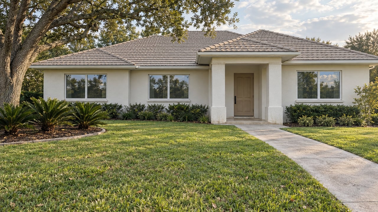 Updated single-story home with pale tiled gables, white masonry walls, a recessed porch and a deep lawn beneath a spreading oak.