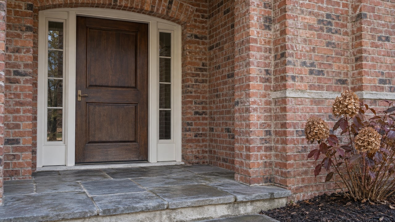 Arched red-brick entry with a walnut door, paired sidelights, blue-gray stone landing and burgundy oakleaf hydrangea.