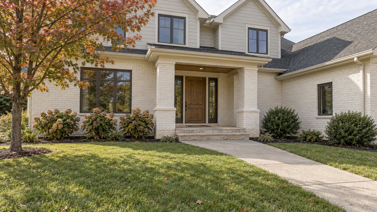 White brick and greige-sided home with layered gables, a stone porch and broad front lawn framed by an autumn maple.