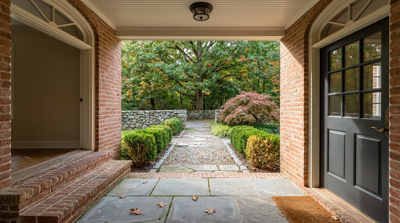 Brick steps descend past clipped boxwood hedges to a fieldstone wall beneath a mature oak canopy.
