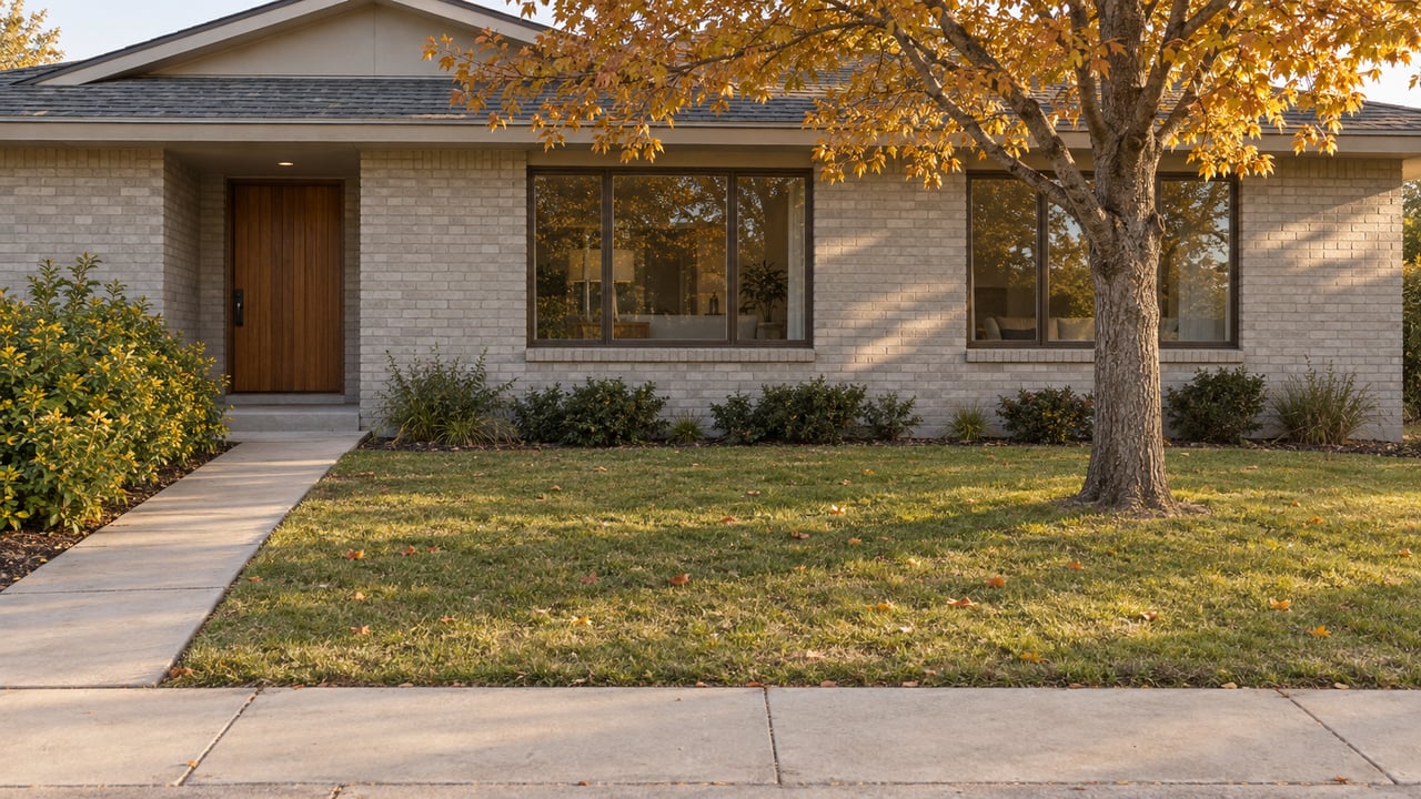 Gray-brick home with a recessed wood entry, two windows, and an amber-leaved tree in the front yard.
