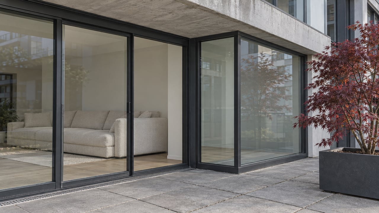 A contemporary condominium terrace with gray paving, dark-framed living-room glazing, and one burgundy Japanese maple in a steel planter.