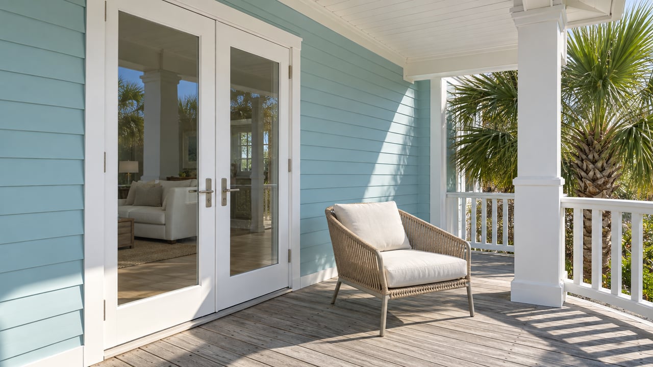 Sunlit covered balcony with aqua siding, white French doors, silvered wood decking and a woven lounge chair beside a palm crown.