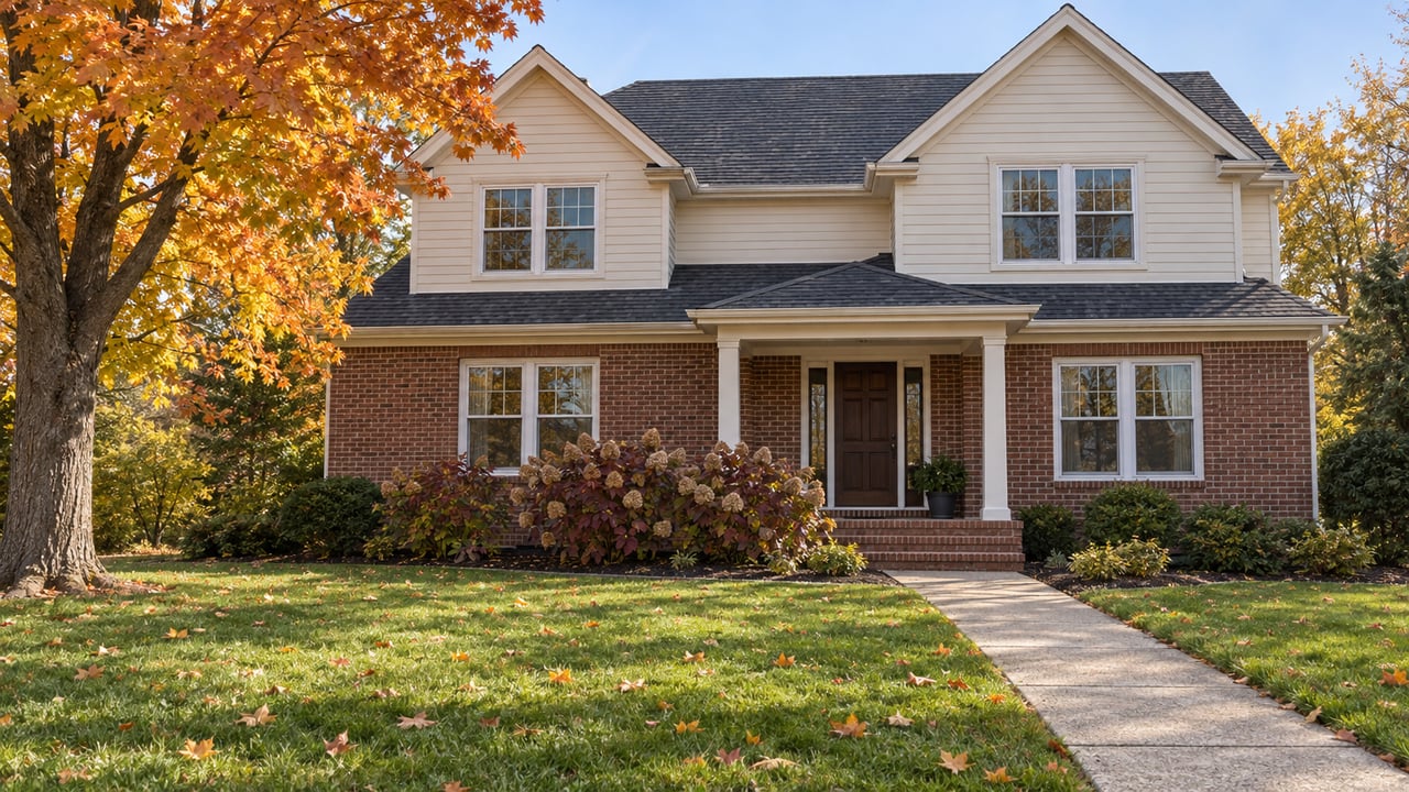 Traditional brick and off-white sided home behind a deep green lawn, with an orange sugar maple and a covered front entry.