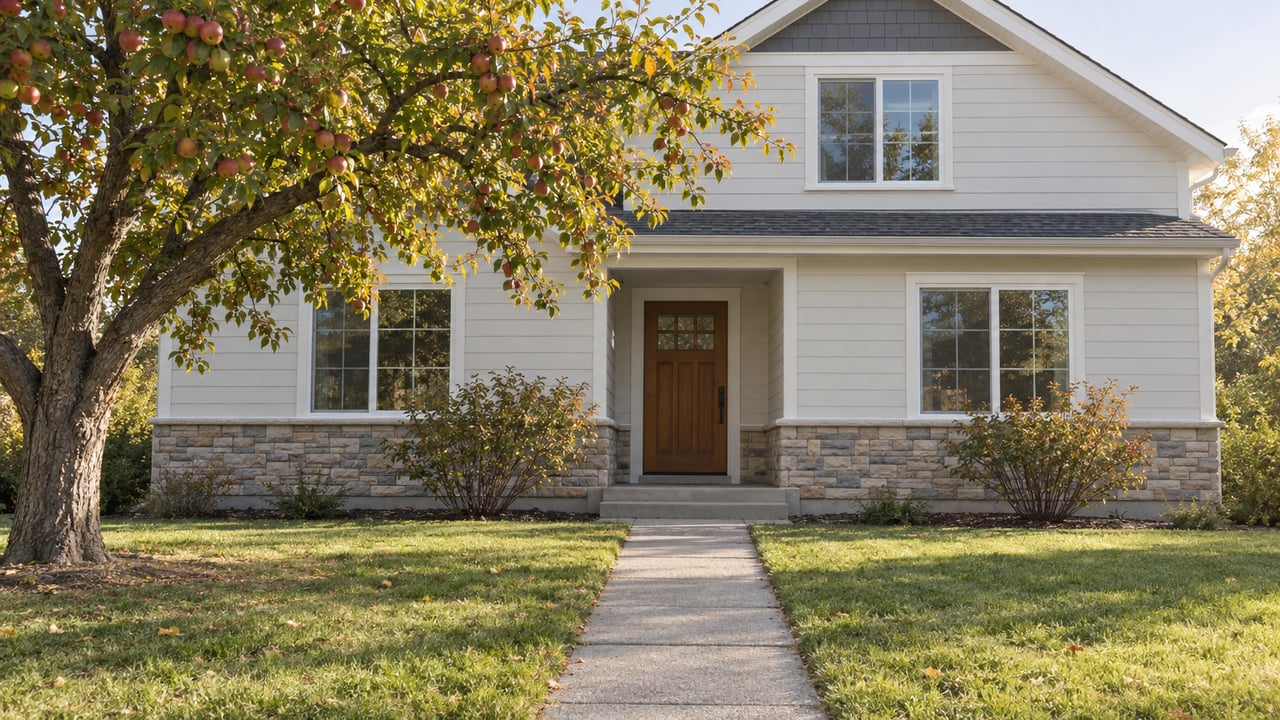 Two-story off-white house with a charcoal gable, stone base, front lawn, and mature apple tree.