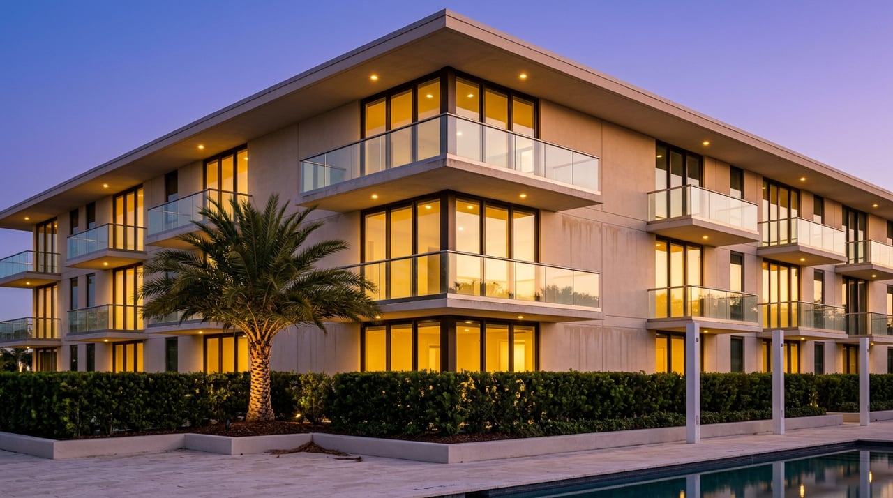 Mid-rise apartment corner above a pool, with stacked glass balconies, a lit palm, and warm windows against blue-violet sky.