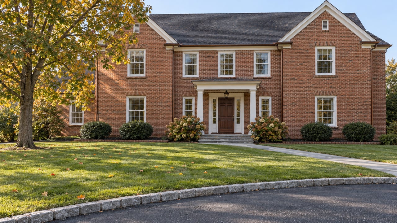 Brick two-story home with balanced windows, a columned entry, deep autumn lawn and a mature maple beside the driveway.