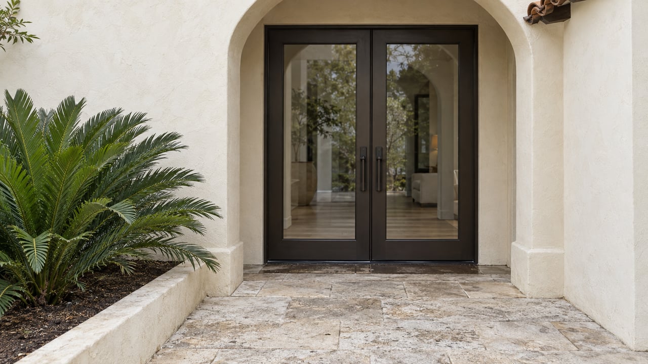Closed bronze-framed glass double doors beneath a broad stucco arch, beside a single green Zamia plant.