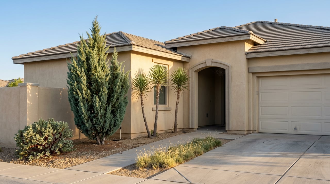 Buff stucco home with an arched entry, garage, and desert landscaping beneath a clear blue sky.