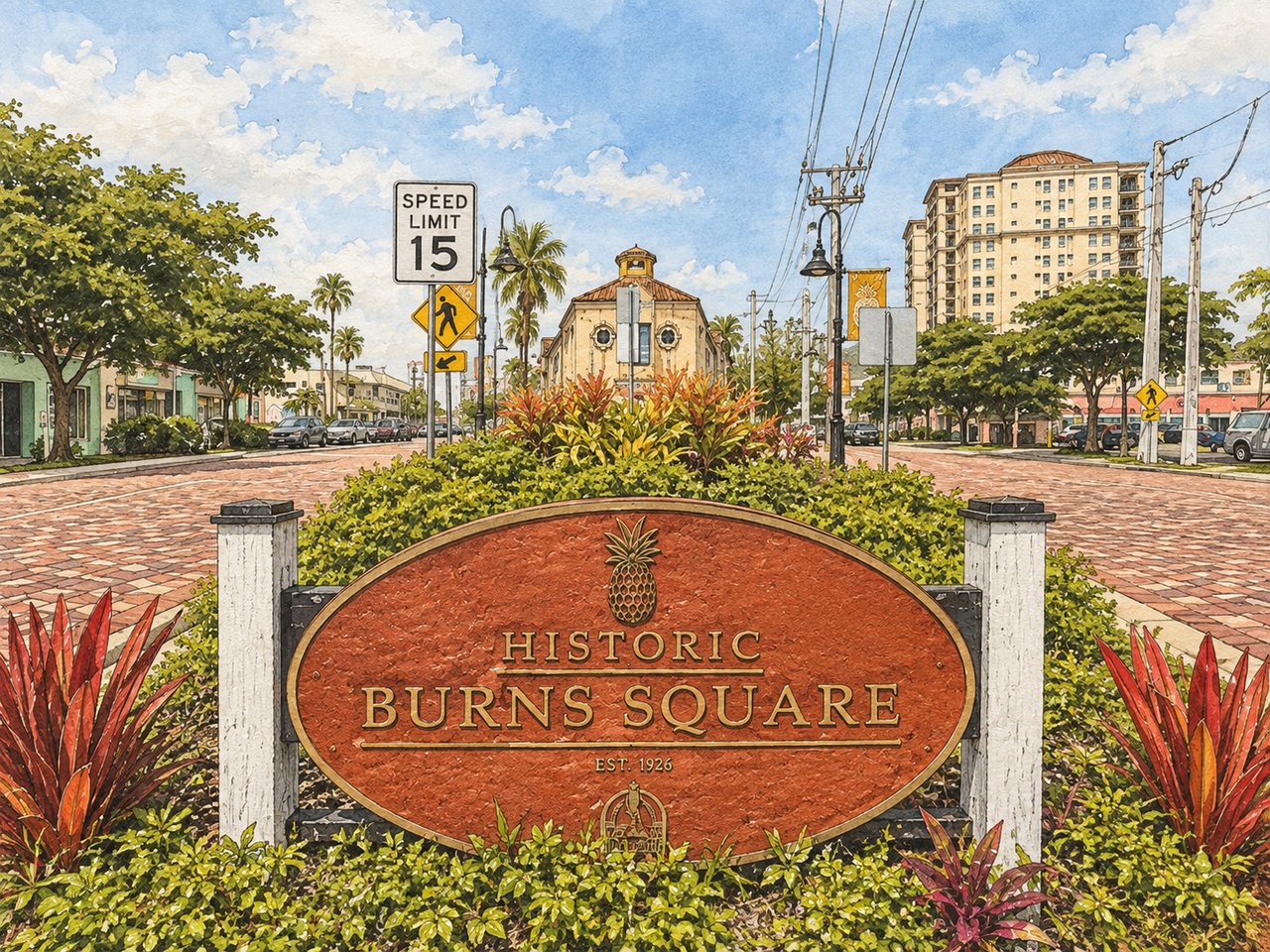 Historic Burns Square entrance sign amid landscaped streets and downtown buildings.