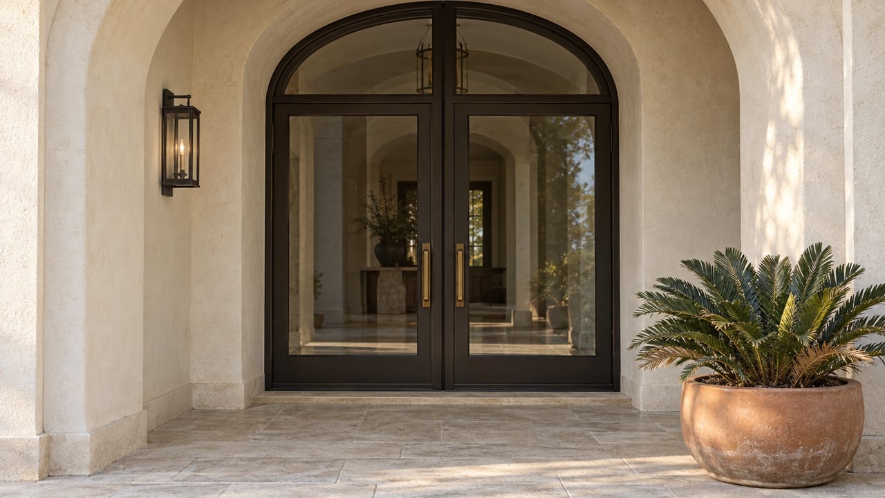 Arched ivory stucco entry with closed bronze-framed glass doors, limestone paving, and a terracotta planter containing Zamia furfuracea.